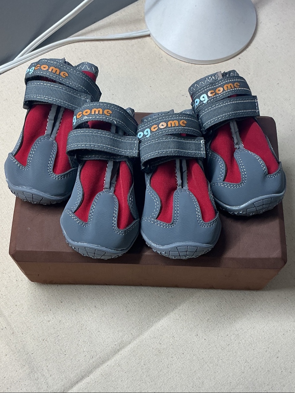 Non-Slip Dog Boots in Red and Gray with Velcro Straps